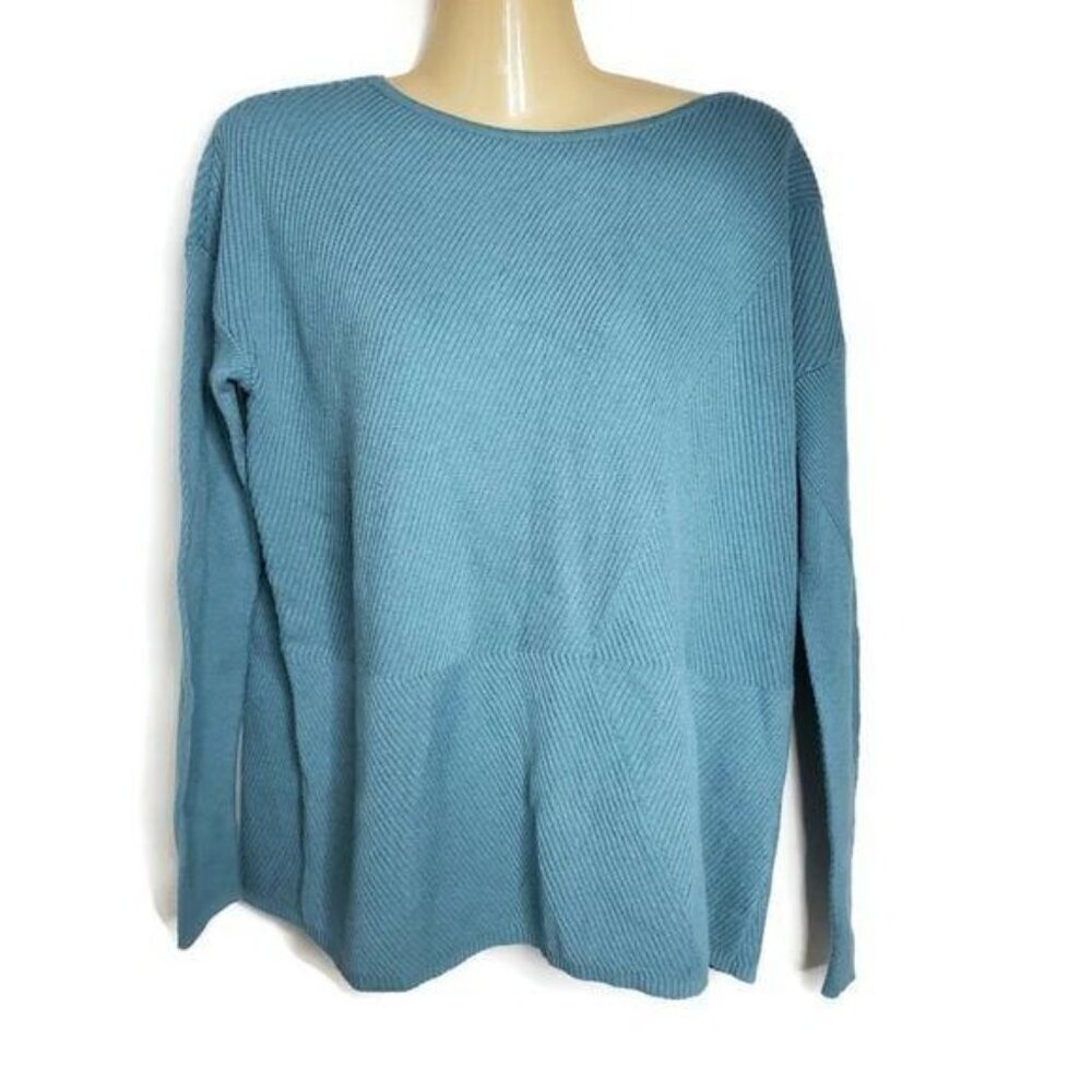 J Jill Teal Blue Ribbed Knit Boat Neck Long Sleeve Sweater Top Size Small